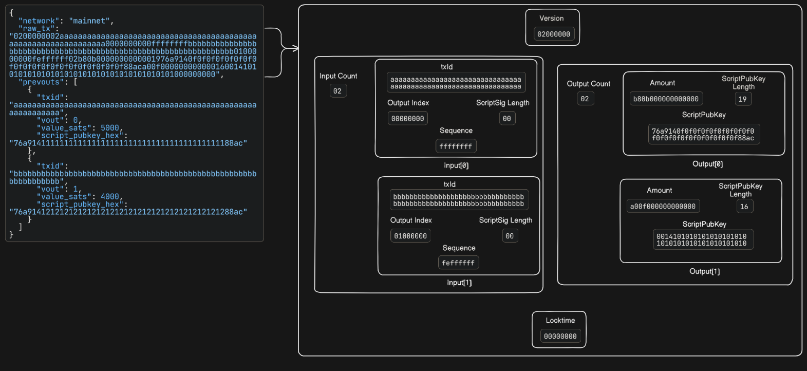 Raw P2PKH Transaction Breakdown Visual breakdown of a raw Bitcoin transaction showing its version, inputs, outputs, and locktime fields